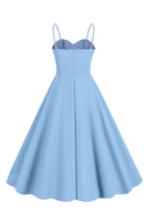 Laden Sie das Bild in den Galerie-Viewer, Hellblaues Polka Dots Spaghettiträger 1950er Jahre Kleid