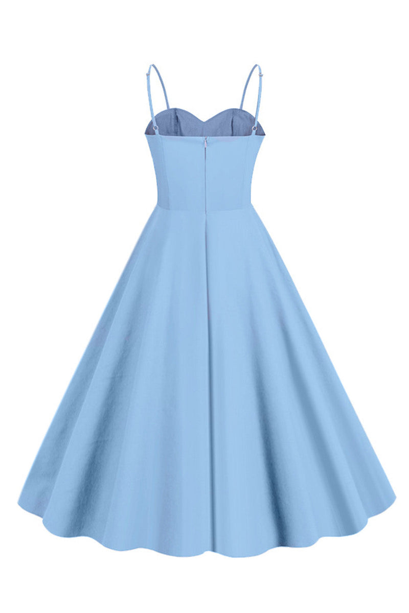 Laden Sie das Bild in den Galerie-Viewer, Hellblaues Polka Dots Spaghettiträger 1950er Jahre Kleid