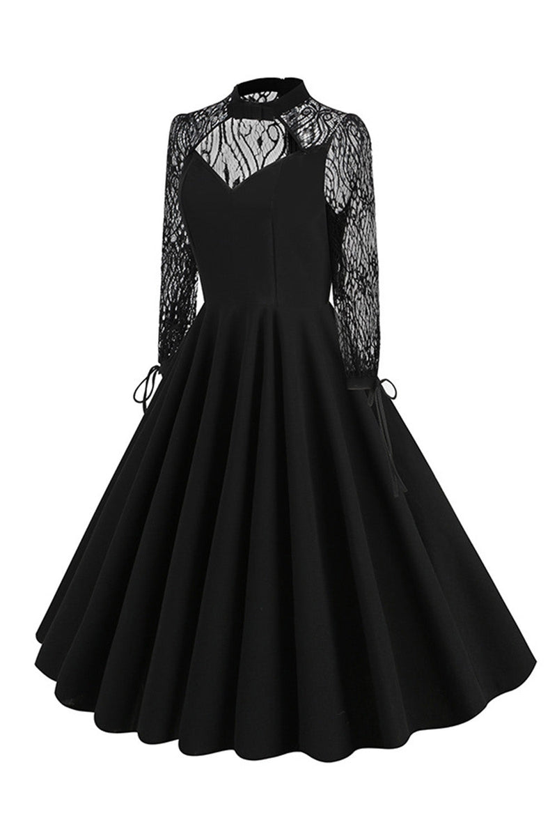 Laden Sie das Bild in den Galerie-Viewer, Schwarzes langärmeliges Spitze Vintage Kleid