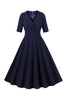Laden Sie das Bild in den Galerie-Viewer, Marineblaues V-Ausschnitt Kleid mit halben Ärmeln aus den 1950er Jahren