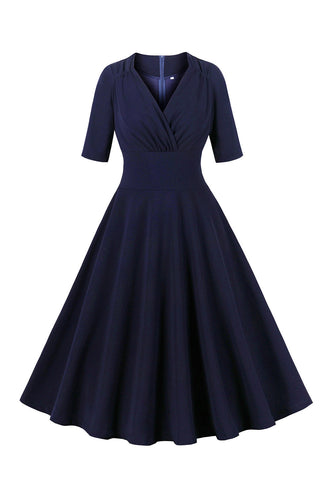Marineblaues V-Ausschnitt Kleid mit halben Ärmeln aus den 1950er Jahren