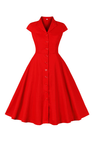 Rotes Kleid aus den 1950er Jahren mit V-Ausschnitt und kurzen Ärmeln