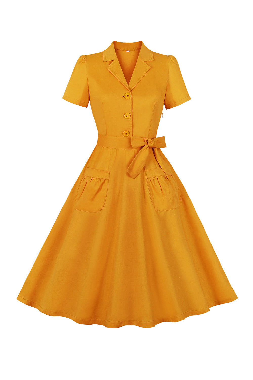 Gelbes V-Ausschnitt Vintage Kleid mit kurzen Ärmeln