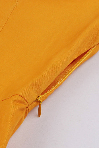 Gelbes V-Ausschnitt Vintage Kleid mit kurzen Ärmeln
