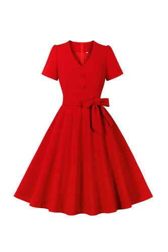 Rotes V-Ausschnitt Retro Rockabilly Kleid mit kurzen Ärmeln