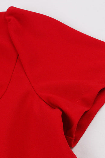 Rotes V-Ausschnitt Retro Rockabilly Kleid mit kurzen Ärmeln