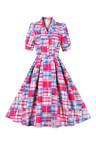 Rosa Knopf Halbärmel Kariertes Kleid aus den 1950er Jahren