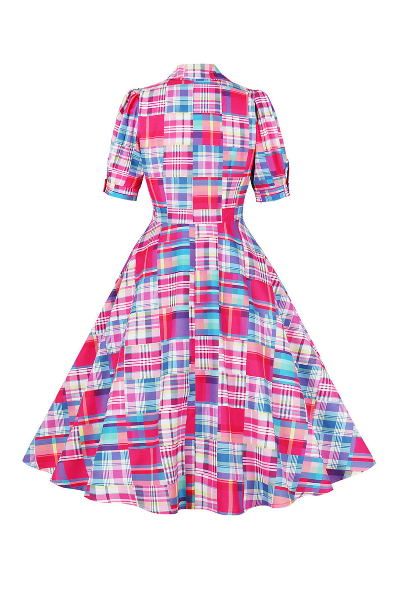 Laden Sie das Bild in den Galerie-Viewer, Rosa Knopf Halbärmel Kariertes Kleid aus den 1950er Jahren