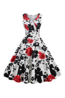 Laden Sie das Bild in den Galerie-Viewer, Weißes ärmelloses Vintage Kleid mit Blumendruck