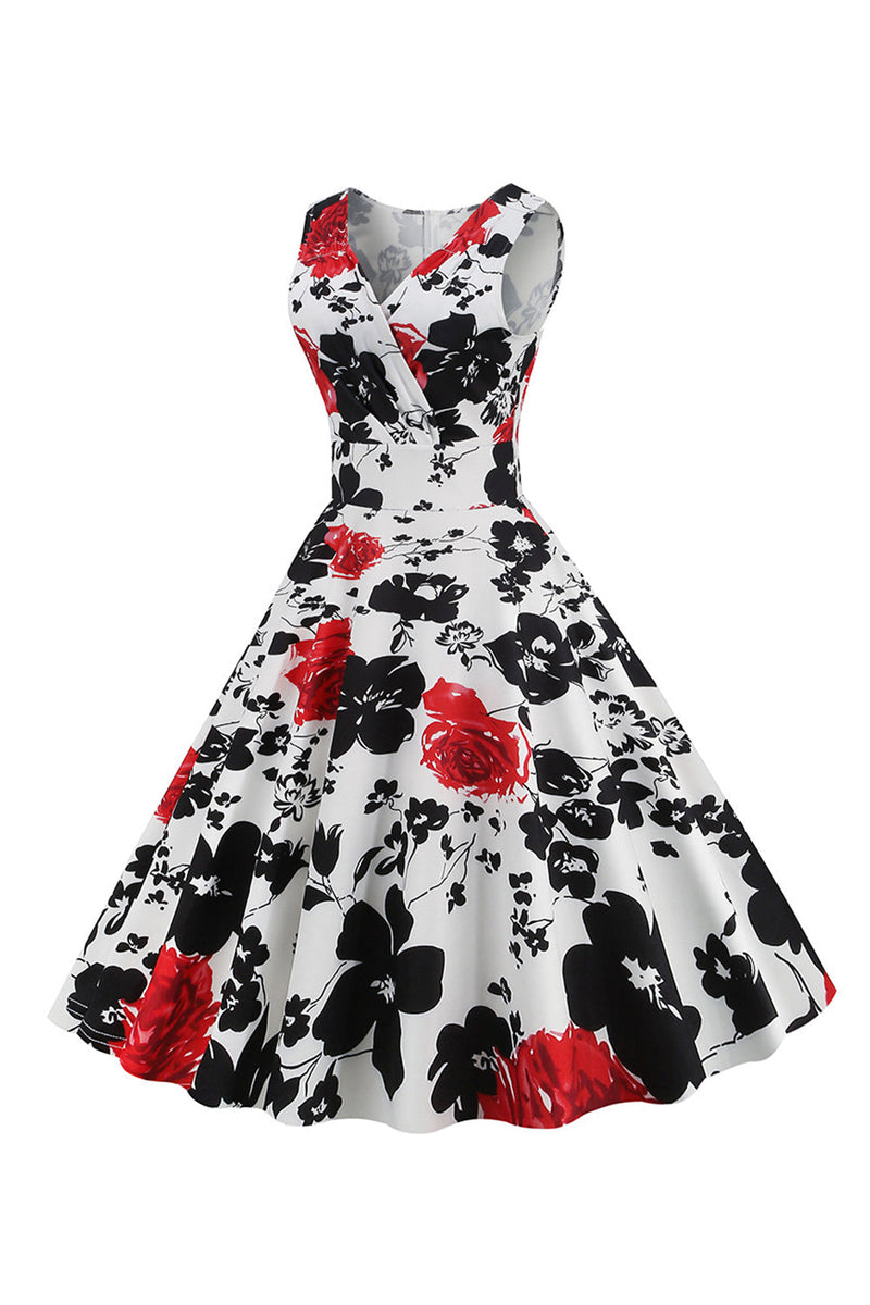 Laden Sie das Bild in den Galerie-Viewer, Weißes ärmelloses Vintage Kleid mit Blumendruck