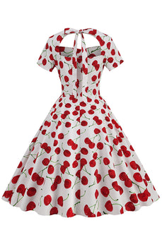 Neckholder Vintage Kleid mit weißem Kirschendruck und kurzen Ärmeln