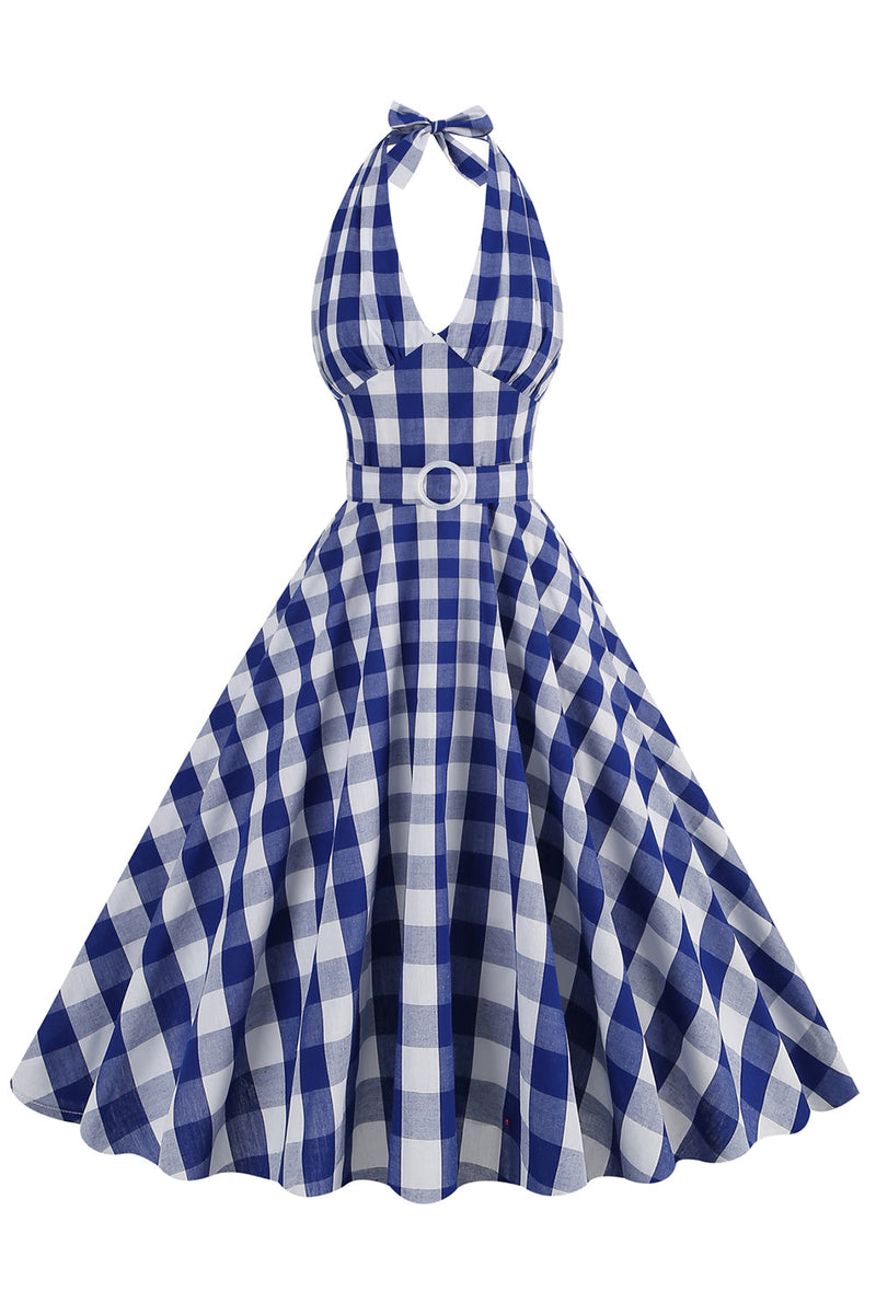 Laden Sie das Bild in den Galerie-Viewer, Rosa Neckholder Karo ärmelloses Kleid aus den 1950er Jahren mit Gürtel