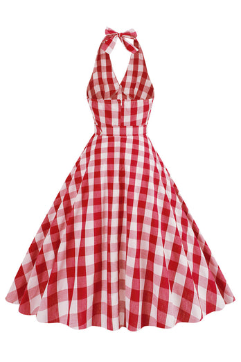 Rosa Neckholder Karo ärmelloses Kleid aus den 1950er Jahren mit Gürtel