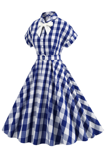 Rosa kariertes Bowknot Kleid aus den 1950er Jahren mit kurzen Ärmeln