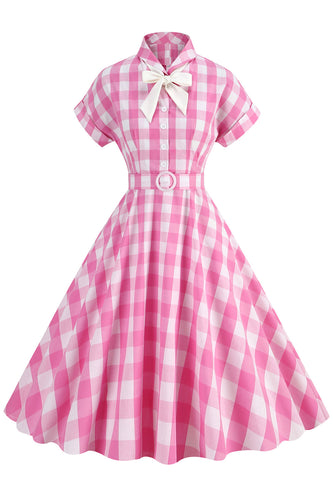 Rosa kariertes Bowknot Kleid aus den 1950er Jahren mit kurzen Ärmeln