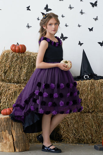 Dunkellila Hoch niedrig Tüll Halloween-Mädchenkleid mit 3D-Blume