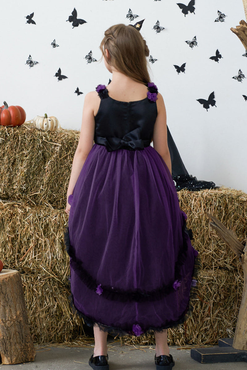 Laden Sie das Bild in den Galerie-Viewer, Dunkellila Hoch niedrig Tüll Halloween-Mädchenkleid mit 3D-Blume