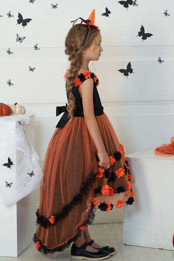 Dunkellila Hoch niedrig Tüll Halloween-Mädchenkleid mit 3D-Blume