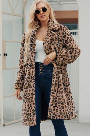 Brauner gekerbter Revers Leoparden Mantel mit Leoparden Drucken für lange Frauen aus Kunstpelz