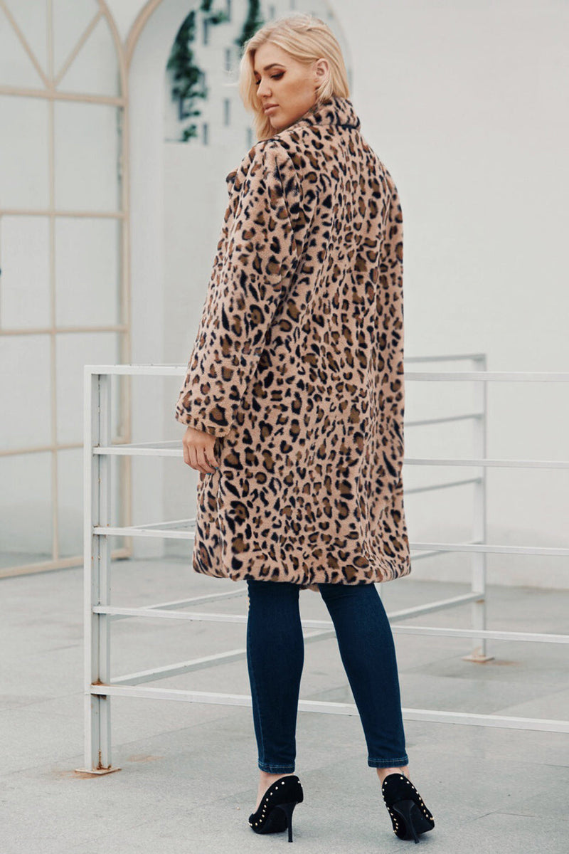 Laden Sie das Bild in den Galerie-Viewer, Brauner gekerbter Revers Leoparden Mantel mit Leoparden Drucken für lange Frauen aus Kunstpelz