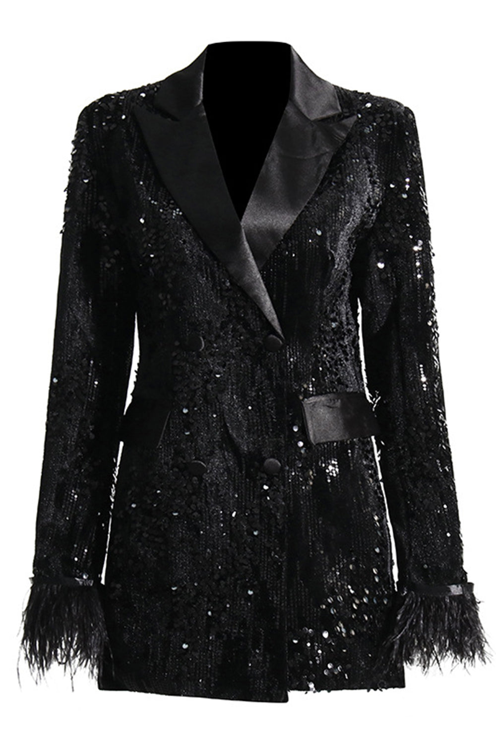 Glitzernder schwarzer Pailletten Blazer mit Reversen und Federn