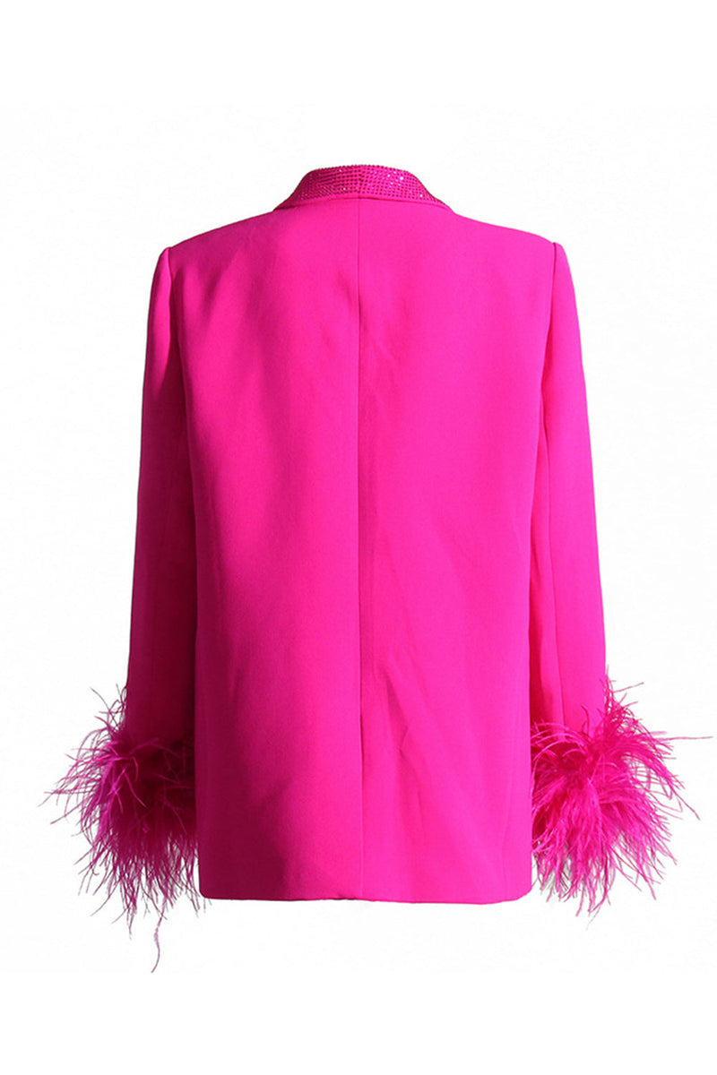 Laden Sie das Bild in den Galerie-Viewer, Glitter Fuchsia Schal Revers Damen Blazer mit Federn