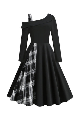 Schwarz kariertes Kleid im Retro-Stil mit einer Schulter aus den 1950er Jahren