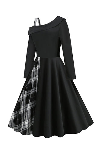 Schwarz kariertes Kleid im Retro-Stil mit einer Schulter aus den 1950er Jahren