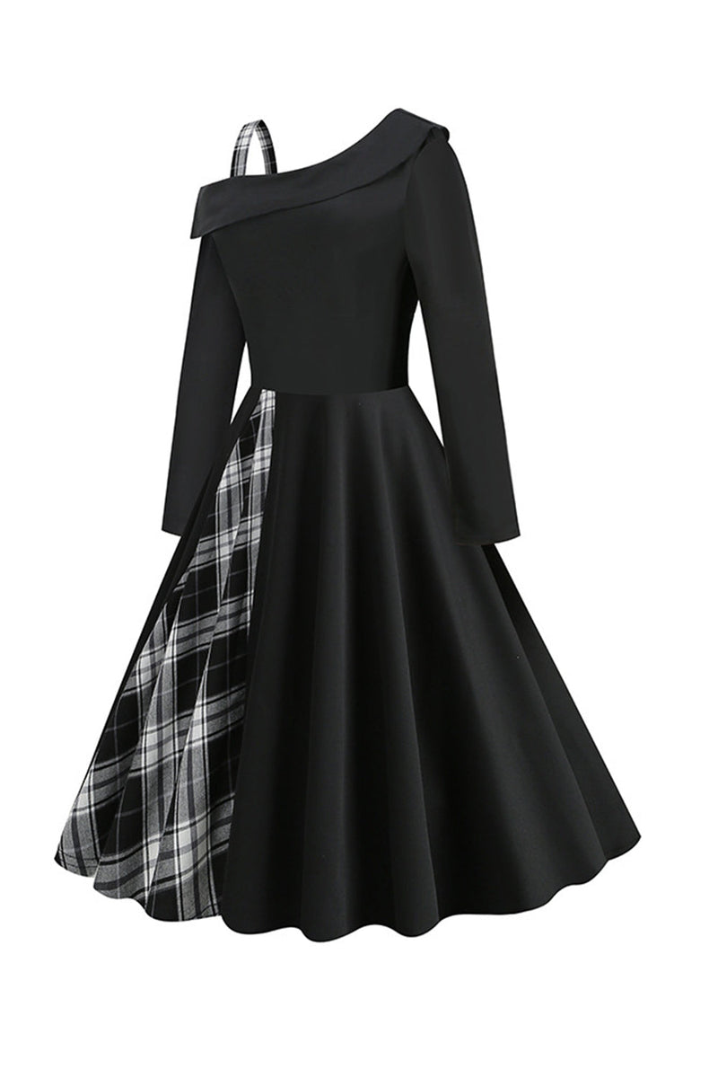 Laden Sie das Bild in den Galerie-Viewer, Schwarz kariertes Kleid im Retro-Stil mit einer Schulter aus den 1950er Jahren