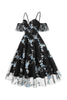Laden Sie das Bild in den Galerie-Viewer, Schulterfreies blaues Kleid aus den 1950er Jahren mit Stickerei
