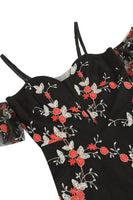 Laden Sie das Bild in den Galerie-Viewer, Schulterfreies blaues Kleid aus den 1950er Jahren mit Stickerei