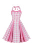 Laden Sie das Bild in den Galerie-Viewer, A Linie Neckholder Rosa Kariertes Kleid aus den 1950er Jahren