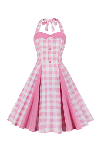 A Linie Neckholder Rosa Kariertes Kleid aus den 1950er Jahren