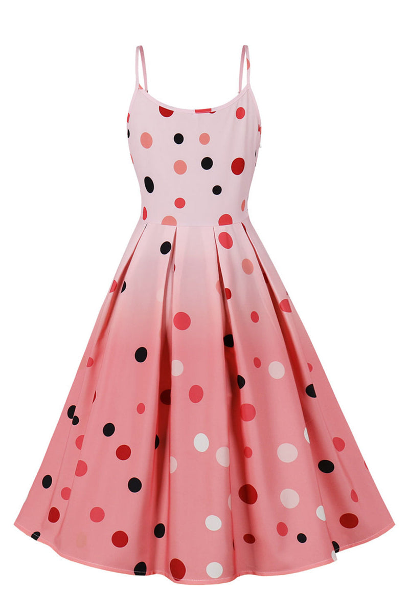 Laden Sie das Bild in den Galerie-Viewer, A Linie Spaghettiträger Rosa Polka Dots Vintage Kleid