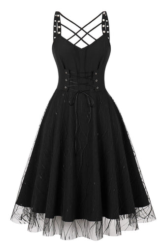Vintage Schnürung Kreuzriemen Schwarzes Halloween Kleid