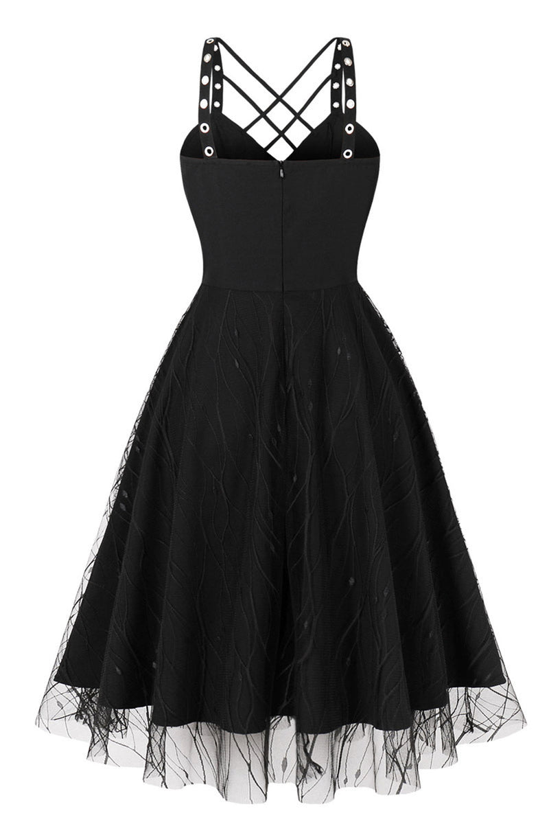 Laden Sie das Bild in den Galerie-Viewer, Vintage Schnürung Kreuzriemen Schwarzes Halloween Kleid