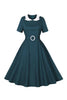 Laden Sie das Bild in den Galerie-Viewer, Pfauenblaues A-Linie Rockabilly Kleid mit Gürtel