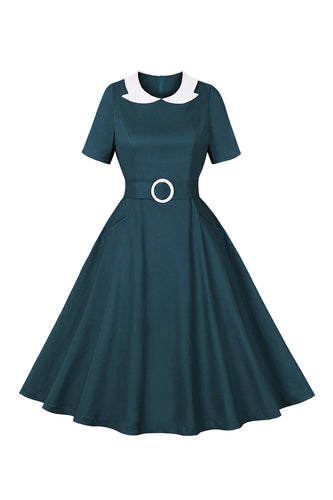 Pfauenblaues A-Linie Rockabilly Kleid mit Gürtel