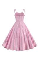 Laden Sie das Bild in den Galerie-Viewer, Spaghettiträger rosa Streifen Swing Kleid aus den 1950er Jahren
