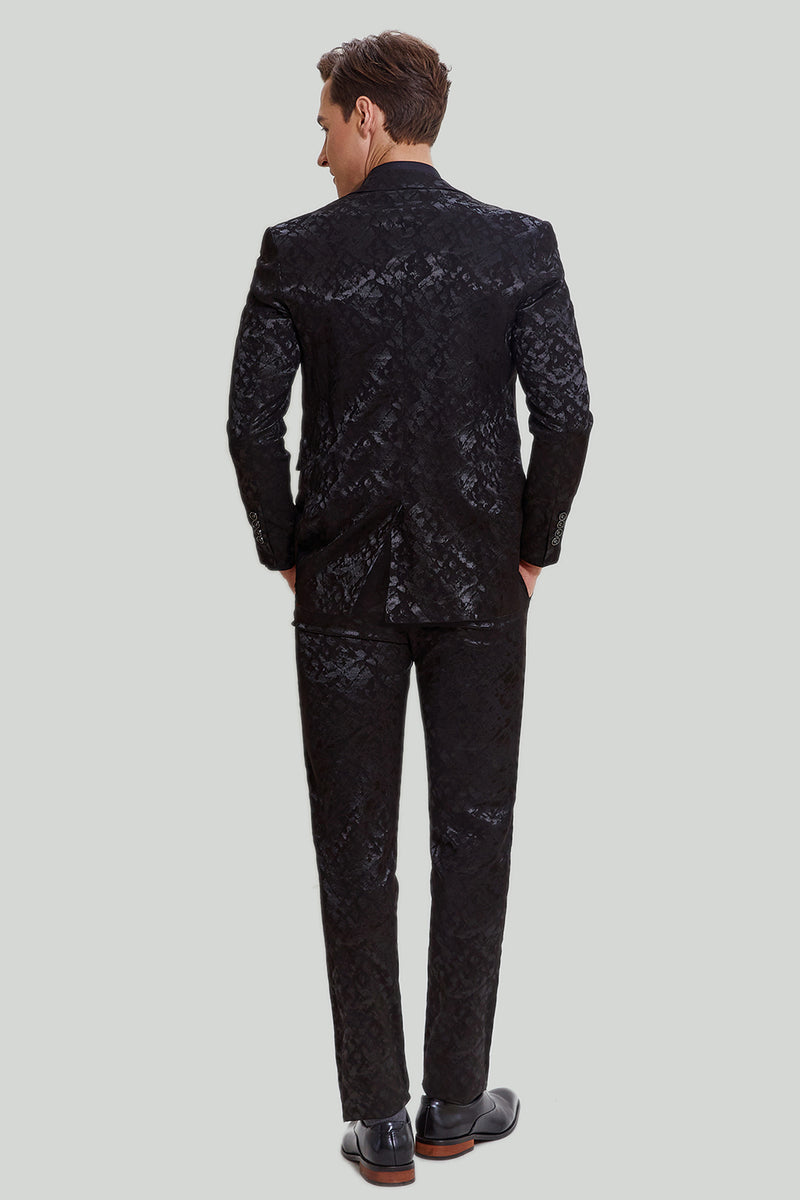 Laden Sie das Bild in den Galerie-Viewer, Herren Schwarz 3-teilige Jacquard Jacke Weste Hose Anzug