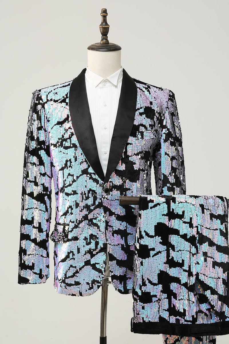 Laden Sie das Bild in den Galerie-Viewer, Schwarz Weiß Pailletten Herren Zweiteiler Anzug Schal Revers Ein-Knopf Smoking