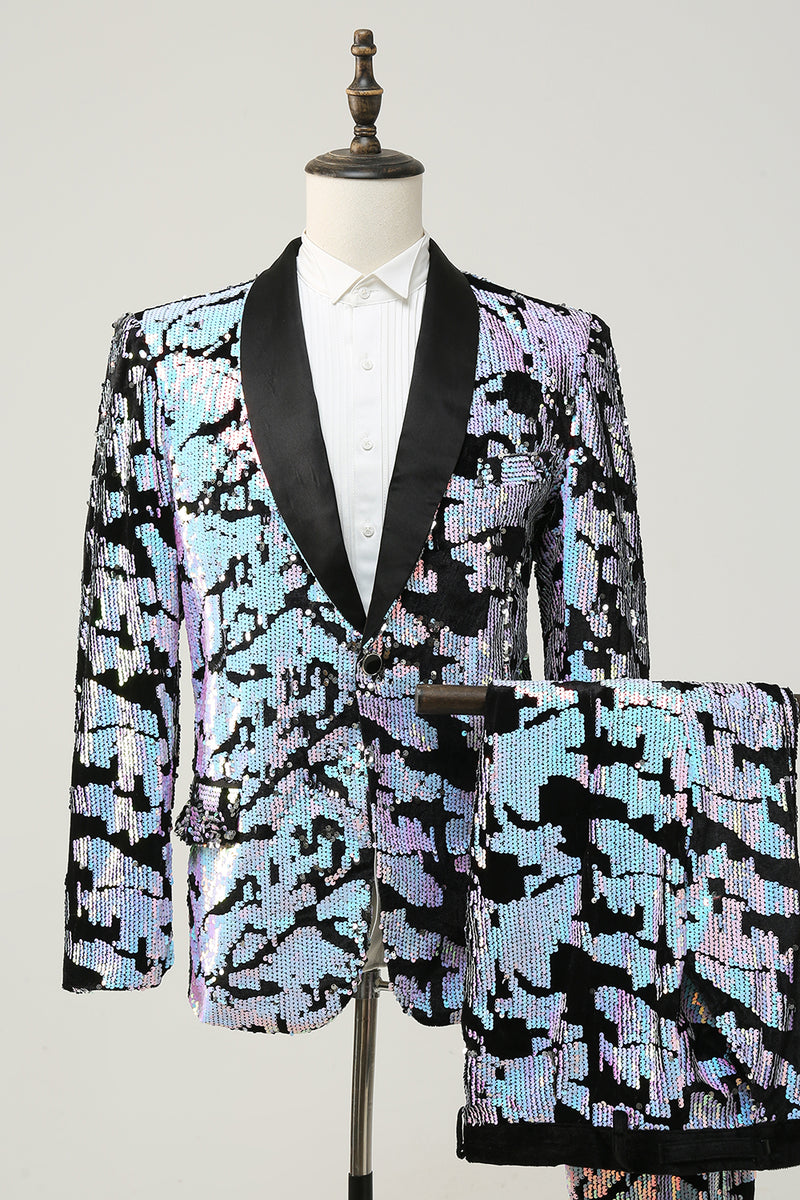 Laden Sie das Bild in den Galerie-Viewer, Lila Pailletten Herren Zweiteiler Anzug Schal Revers Ein-Knopf Smoking