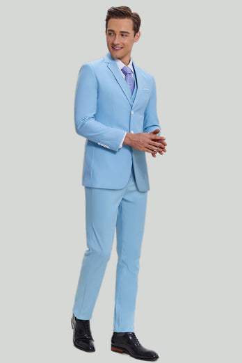 Himmelblau 3-teiliges gekerbtes Revers Herren Modern Fit Anzug