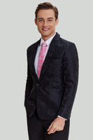 Laden Sie das Bild in den Galerie-Viewer, Herren Schwarzer Herrenblazer mit Jacquard-Satin und Kerbstoff