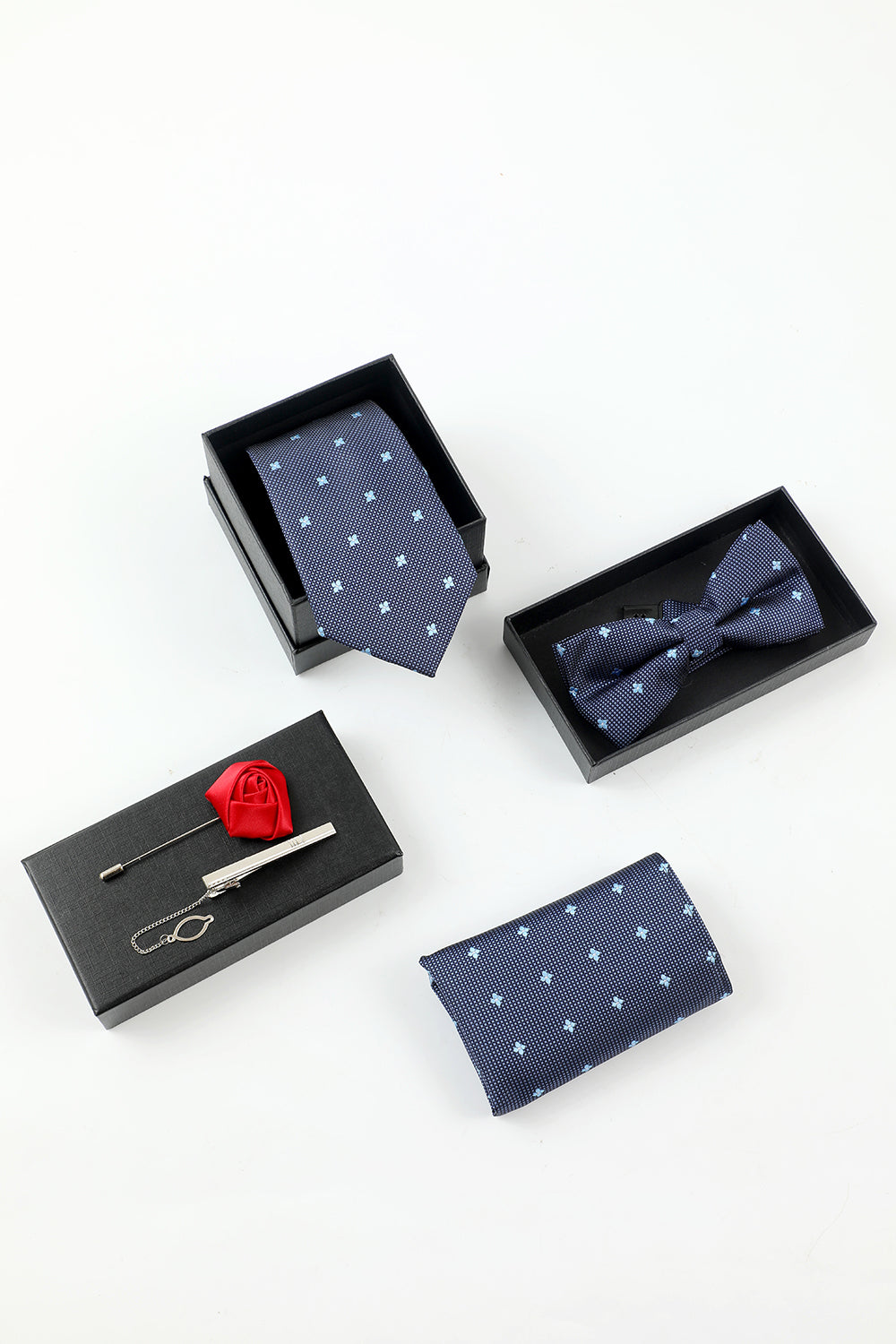 Marine Herren 5-teiliges Accessoire Set Krawatte und Fliege Tasche Quadrat Blume Revers Anstecknadel Clip