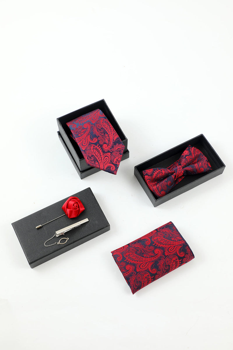 Laden Sie das Bild in den Galerie-Viewer, Burgunder-Jacquard Herren 5-teiliges Accessoire-Set Krawatte und Fliege Tasche Quadratische Blume Anstecknadel Clip