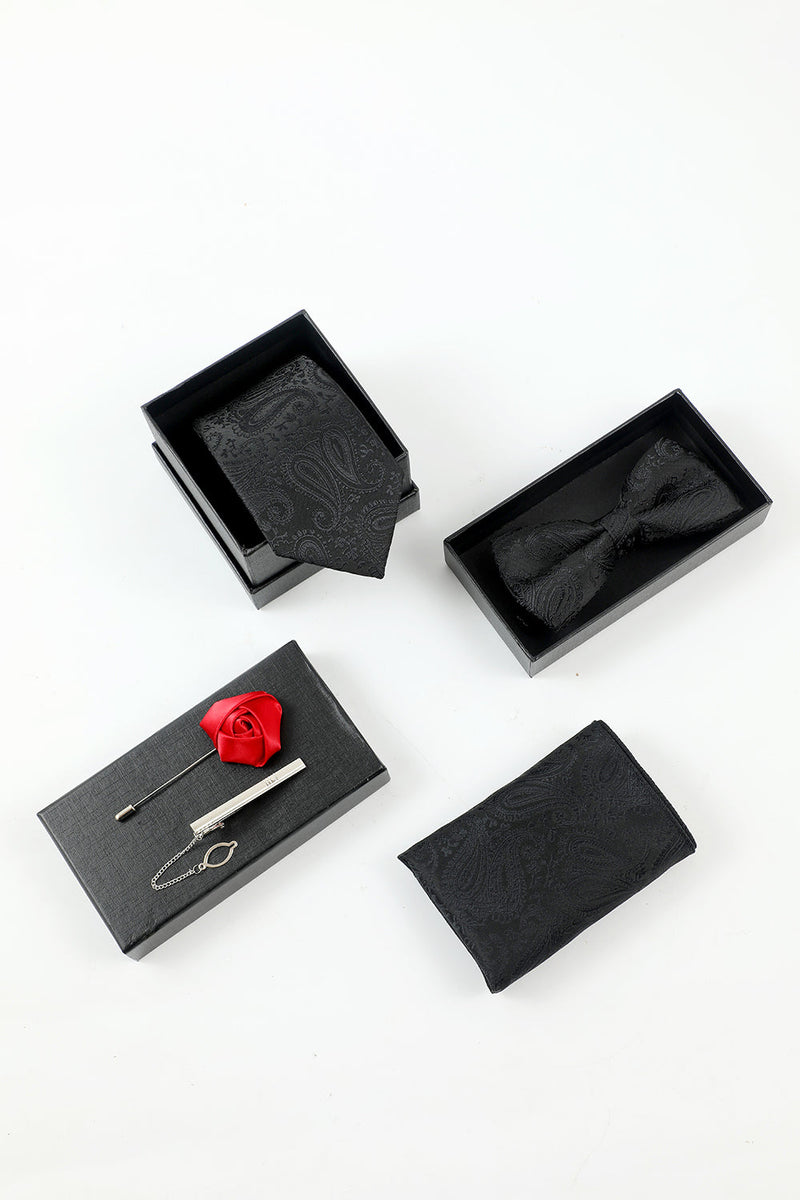 Laden Sie das Bild in den Galerie-Viewer, Schwarzer Jacquard Herren 5-teiliges Accessoire-Set Krawatte und Fliege Tasche Quadratische Blume Anstecknadel Krawatte Clip