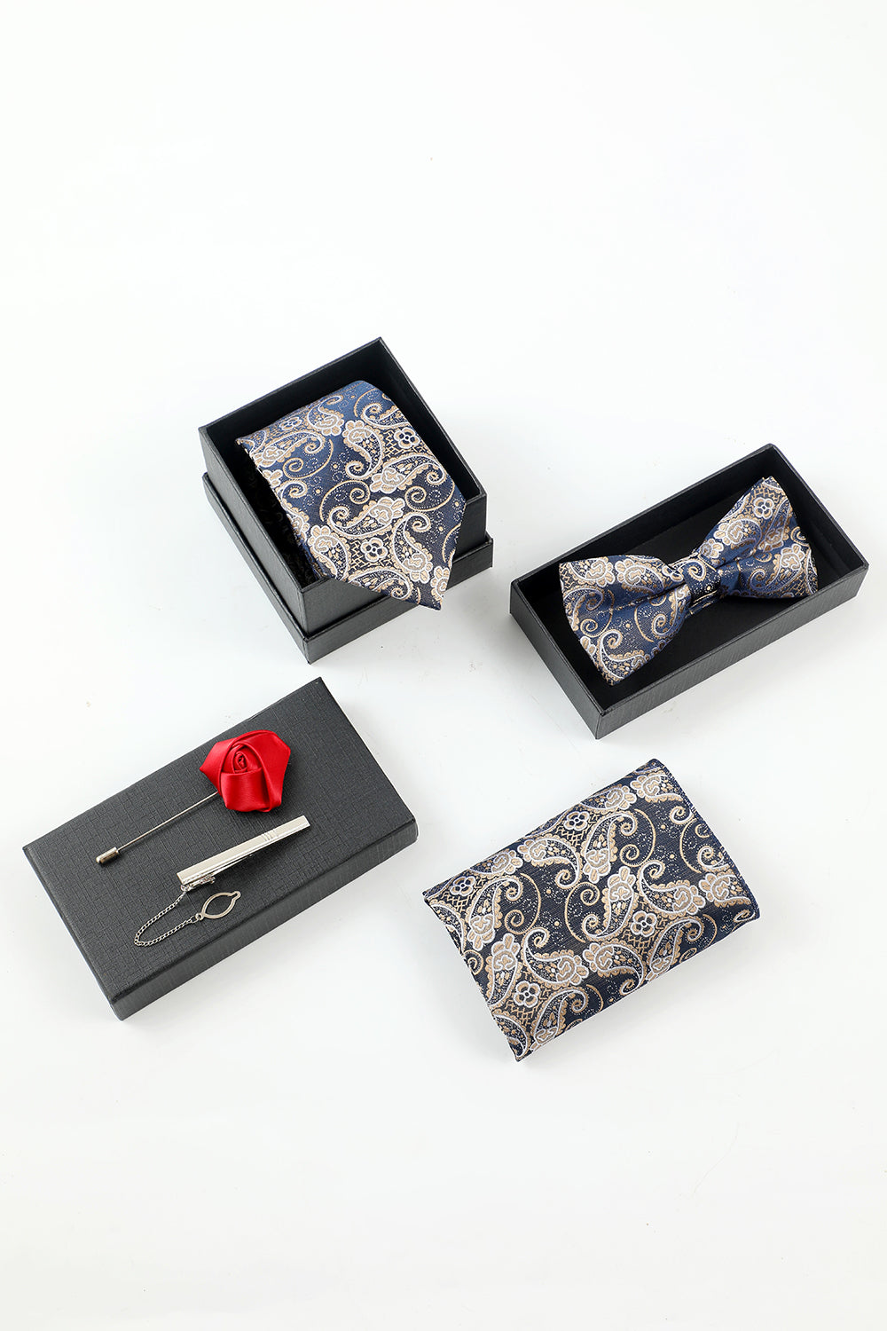Marine Herren Jacquard 5-teiliges Accessoire Set Krawatte und Fliege Tasche Quadrat Blume Revers Anstecknadel Clip
