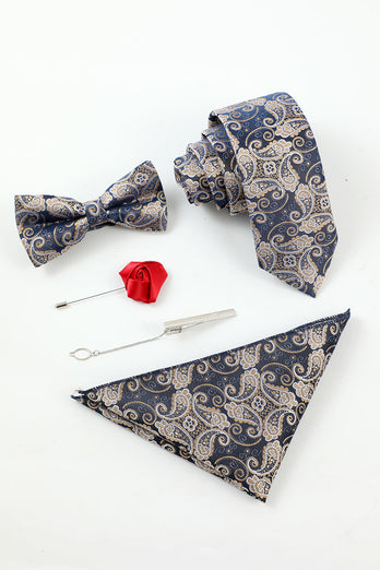Marine Herren Jacquard 5-teiliges Accessoire Set Krawatte und Fliege Tasche Quadrat Blume Revers Anstecknadel Clip