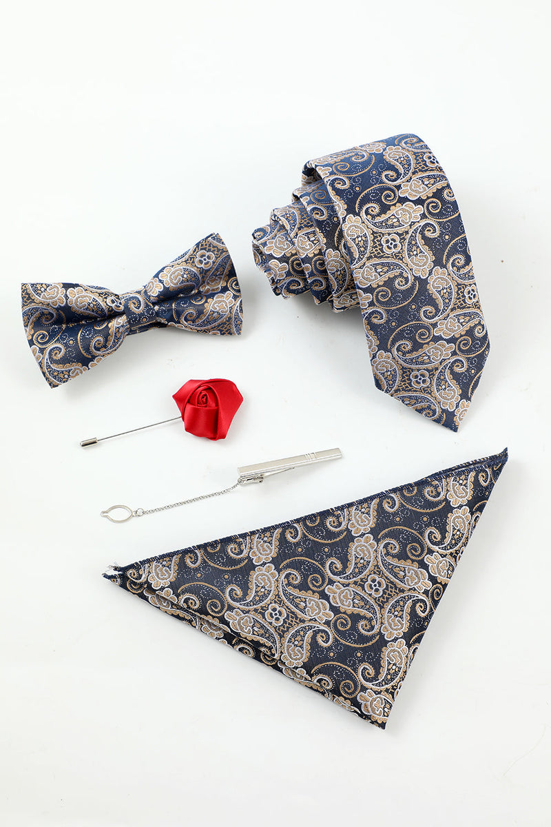 Laden Sie das Bild in den Galerie-Viewer, Marine Herren Jacquard 5-teiliges Accessoire Set Krawatte und Fliege Tasche Quadrat Blume Revers Anstecknadel Clip